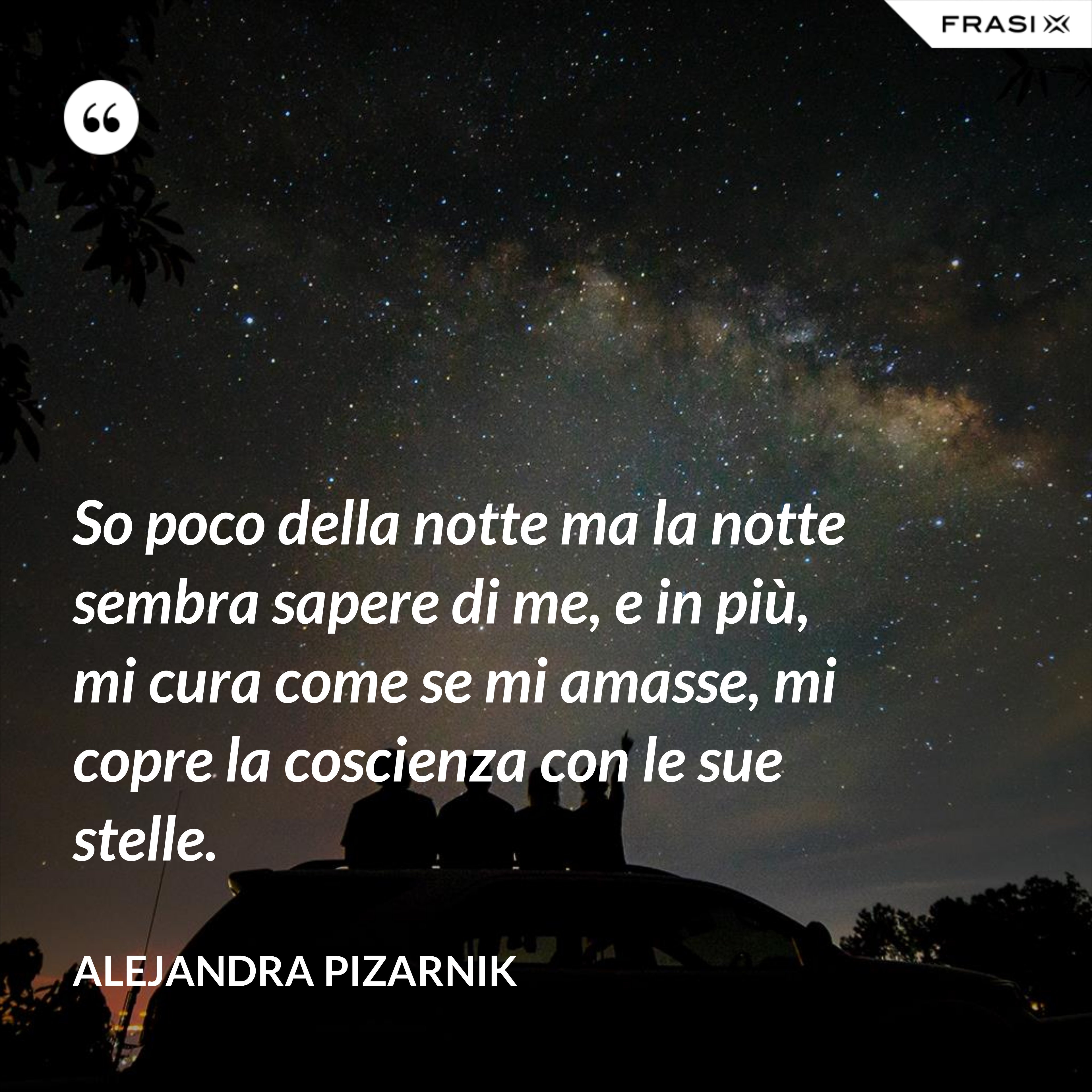 So poco della notte ma la notte sembra sapere di me, e in più, mi cura come se mi amasse, mi copre la coscienza con le sue stelle. - Alejandra Pizarnik