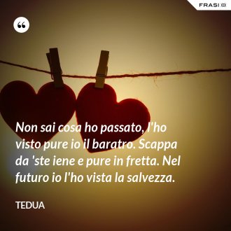 Non sai cosa ho passato, l'ho visto pure io il baratro. Scappa da 'ste iene e pure in fretta. Nel futuro io l'ho vista la salvezza. - Tedua