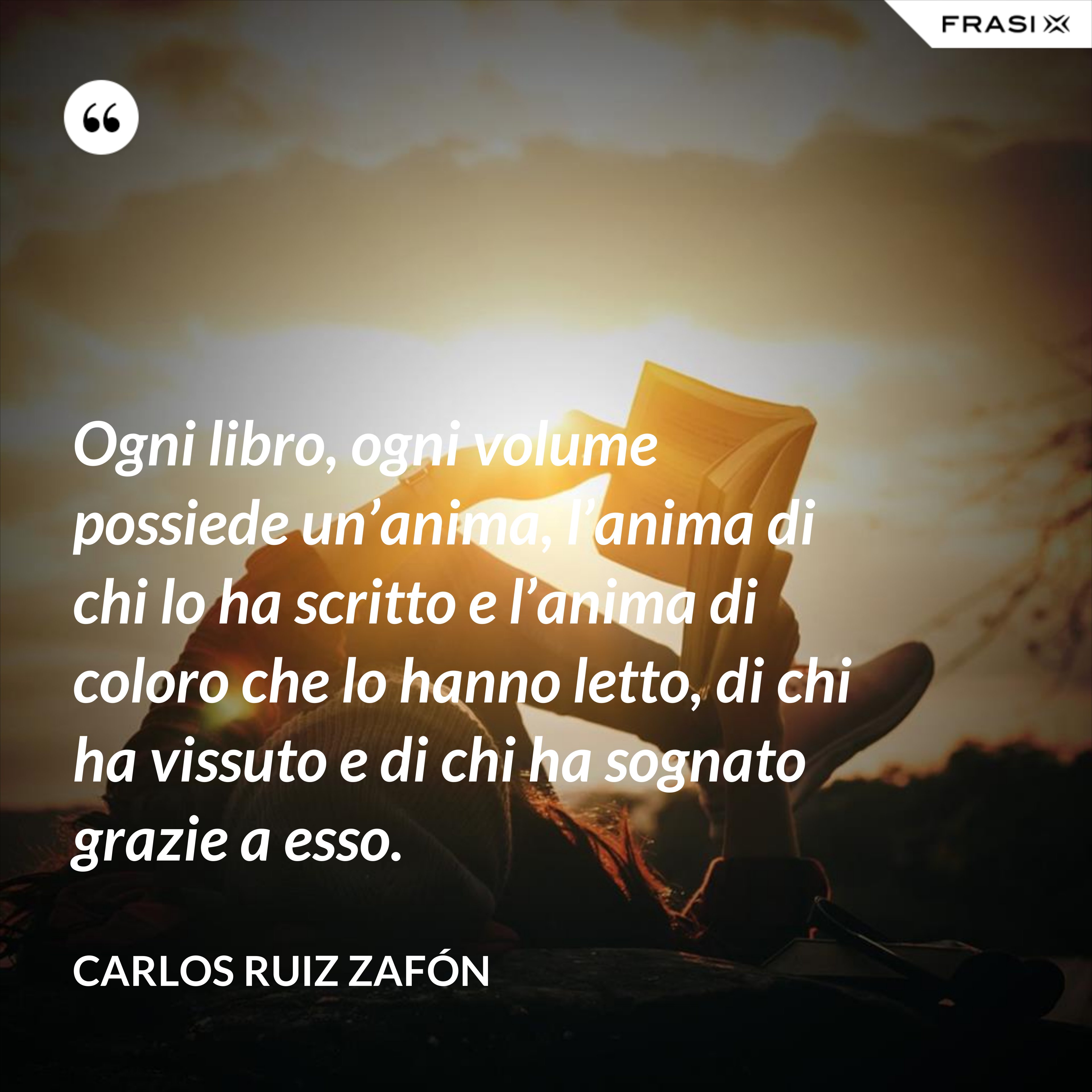 Ogni libro, ogni volume possiede un’anima, l’anima di chi lo ha scritto e l’anima di coloro che lo hanno letto, di chi ha vissuto e di chi ha sognato grazie a esso. - Carlos Ruiz Zafón