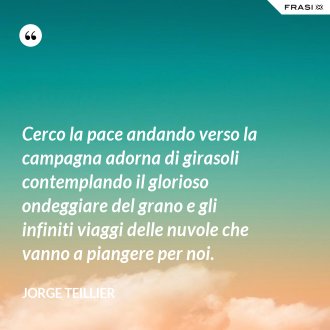 Cerco la pace andando verso la campagna adorna di girasoli contemplando il glorioso ondeggiare del grano e gli infiniti viaggi delle nuvole che vanno a piangere per noi. - Jorge Teillier