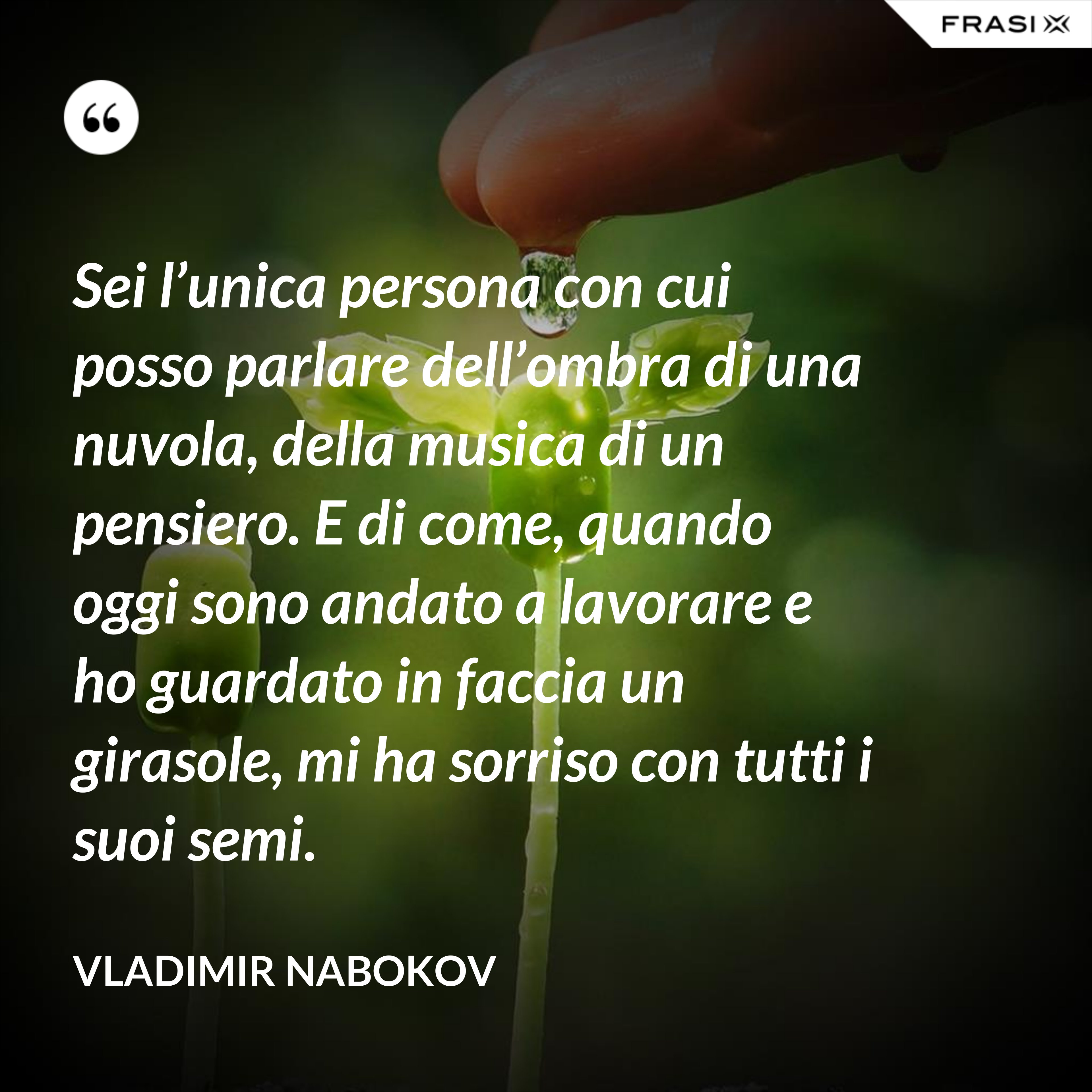 Sei l’unica persona con cui posso parlare dell’ombra di una nuvola, della musica di un pensiero. E di come, quando oggi sono andato a lavorare e ho guardato in faccia un girasole, mi ha sorriso con tutti i suoi semi. - Vladimir Nabokov