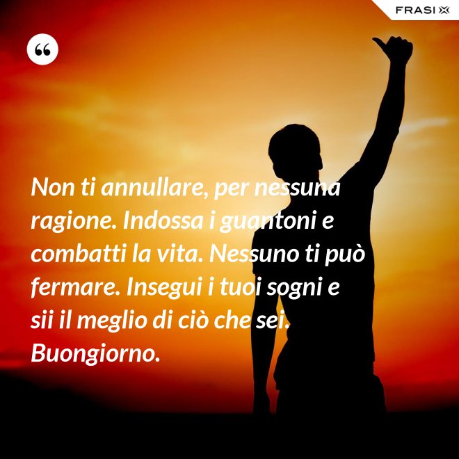 Non ti annullare, per nessuna ragione. Indossa i guantoni e combatti la vita. Nessuno ti può fermare. Insegui i tuoi sogni e sii il meglio di ciò che sei. Buongiorno. - Anonimo