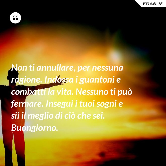 Non ti annullare, per nessuna ragione. Indossa i guantoni e combatti la vita. Nessuno ti può fermare. Insegui i tuoi sogni e sii il meglio di ciò che sei. Buongiorno. - Anonimo
