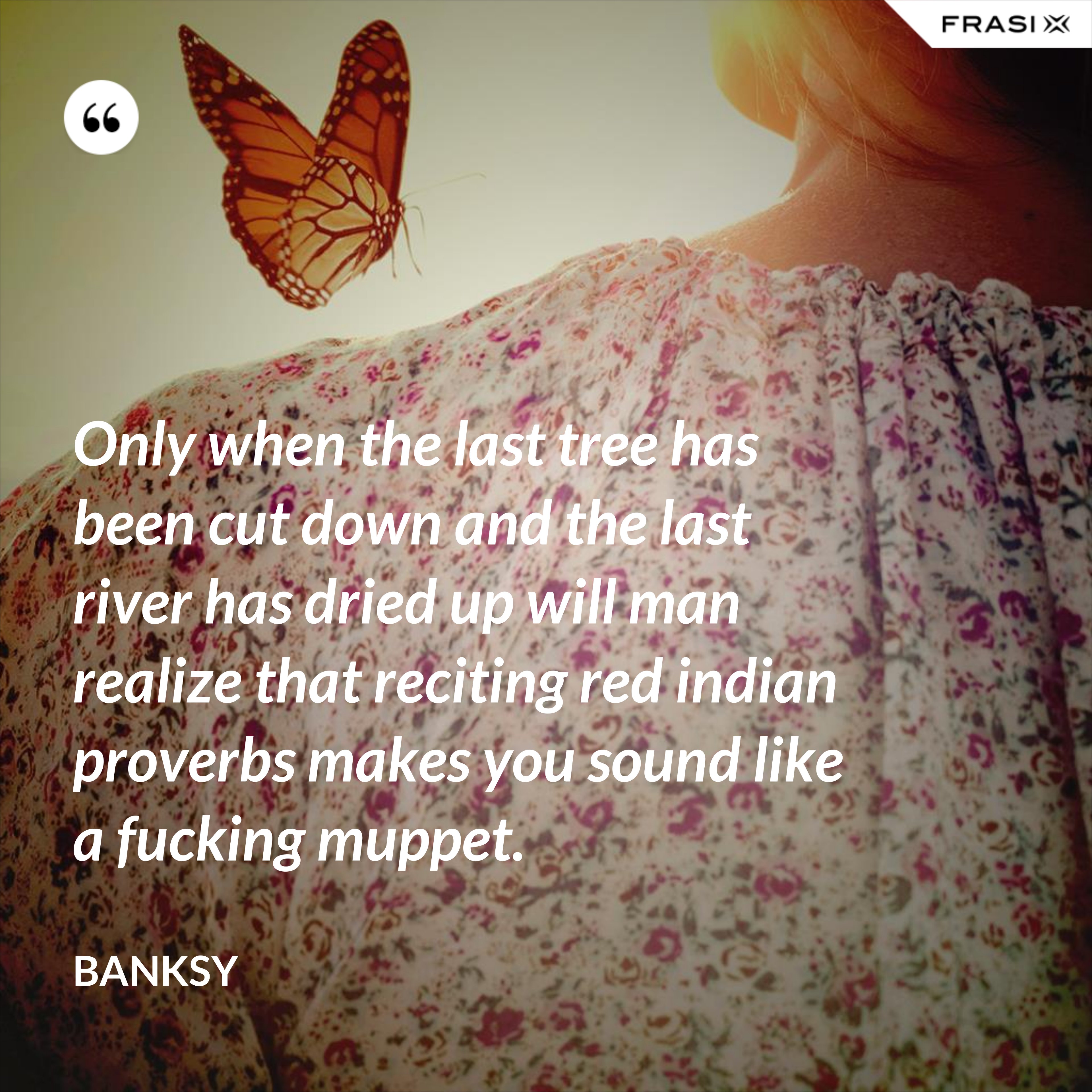 Only when the last tree has been cut down and the last river has dried up will man realize that reciting red indian proverbs makes you sound like a fucking muppet. - Banksy