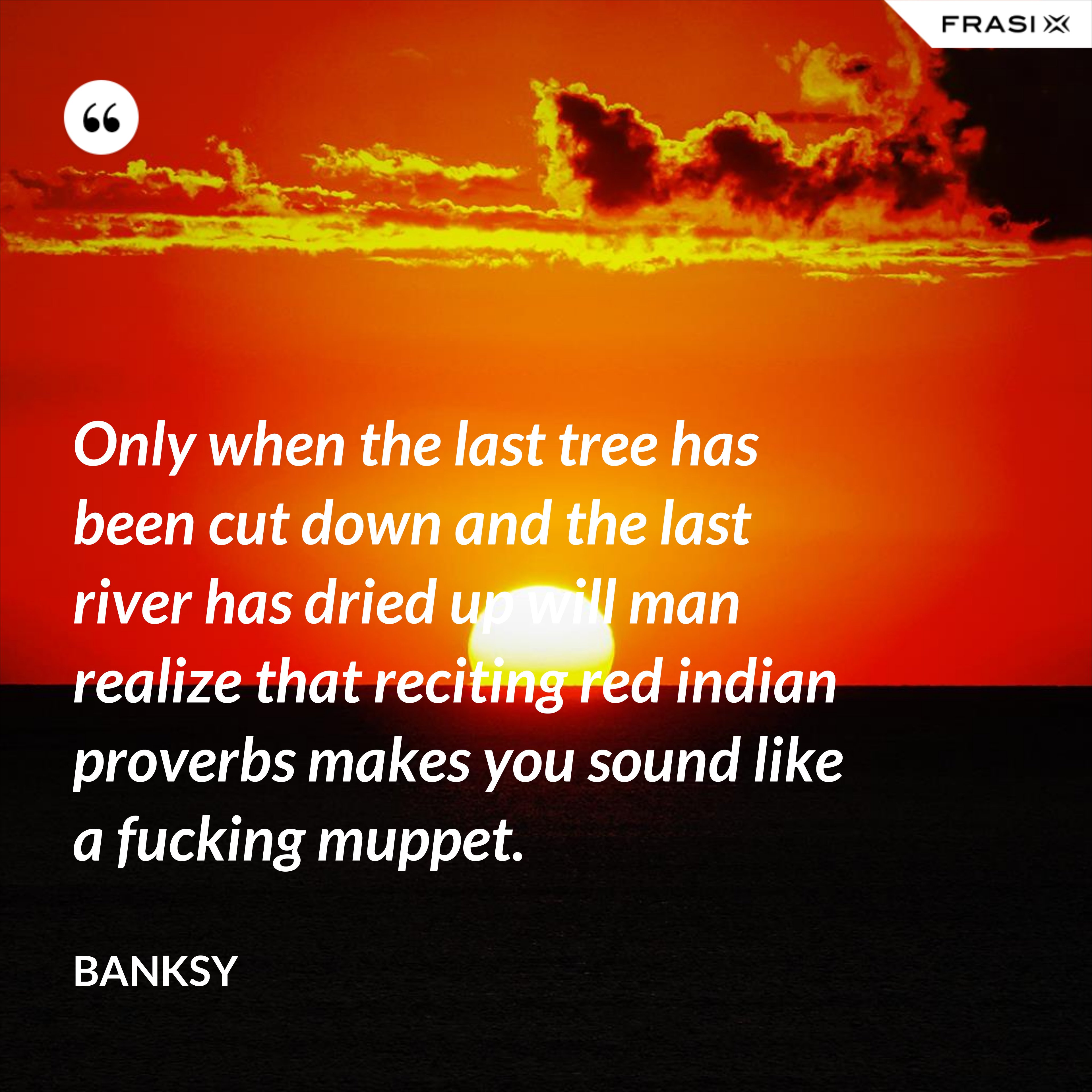 Only when the last tree has been cut down and the last river has dried up will man realize that reciting red indian proverbs makes you sound like a fucking muppet. - Banksy