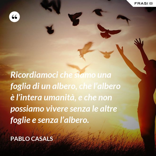 Ricordiamoci che siamo una foglia di un albero, che l’albero è l’intera uma­nità, e che non possiamo vivere senza le altre foglie e senza l’albero. - Pablo Ca­sals