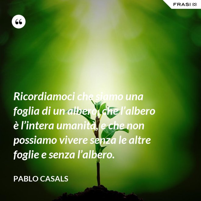Ricordiamoci che siamo una foglia di un albero, che l’albero è l’intera uma­nità, e che non possiamo vivere senza le altre foglie e senza l’albero. - Pablo Ca­sals
