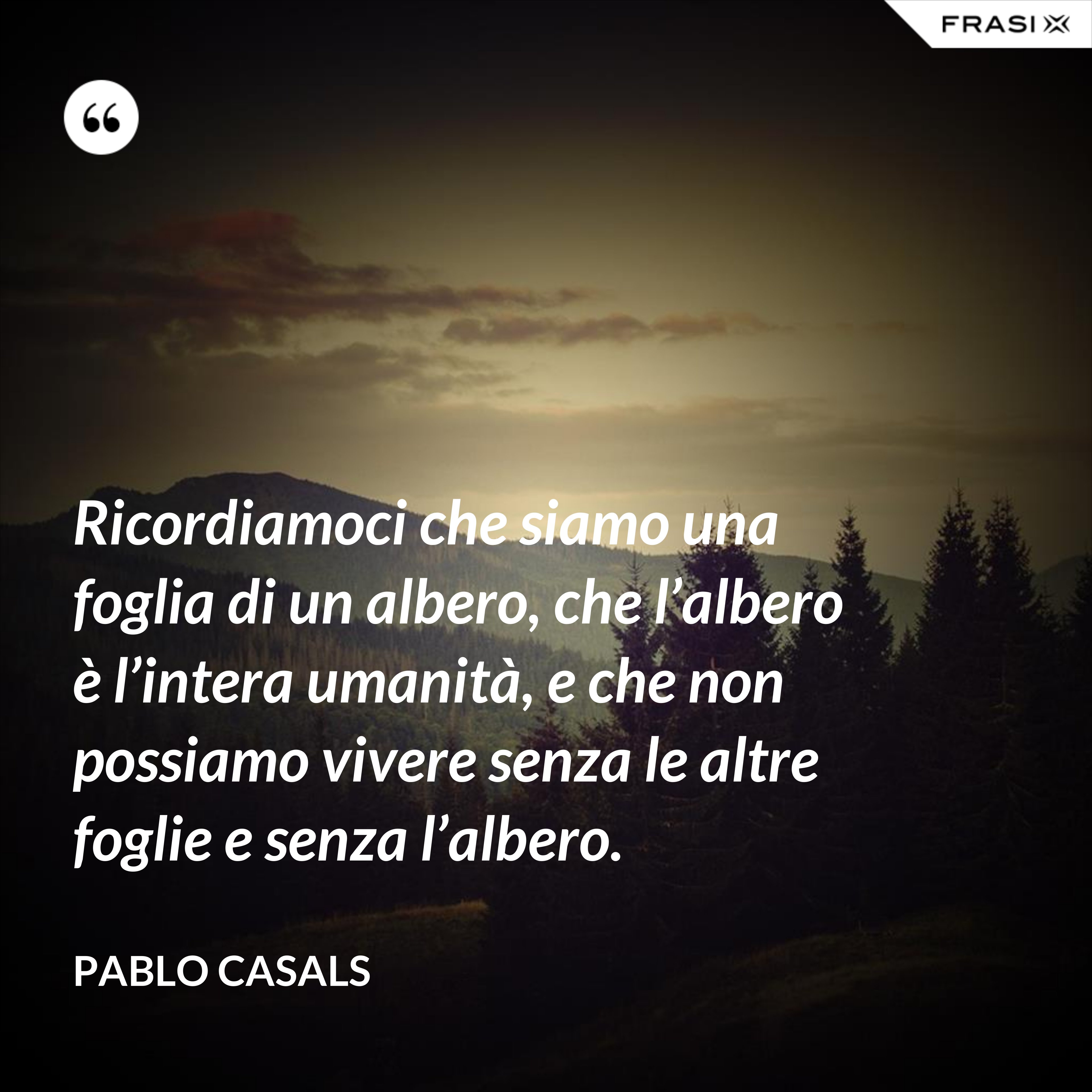 Ricordiamoci che siamo una foglia di un albero, che l’albero è l’intera uma­nità, e che non possiamo vivere senza le altre foglie e senza l’albero. - Pablo Ca­sals