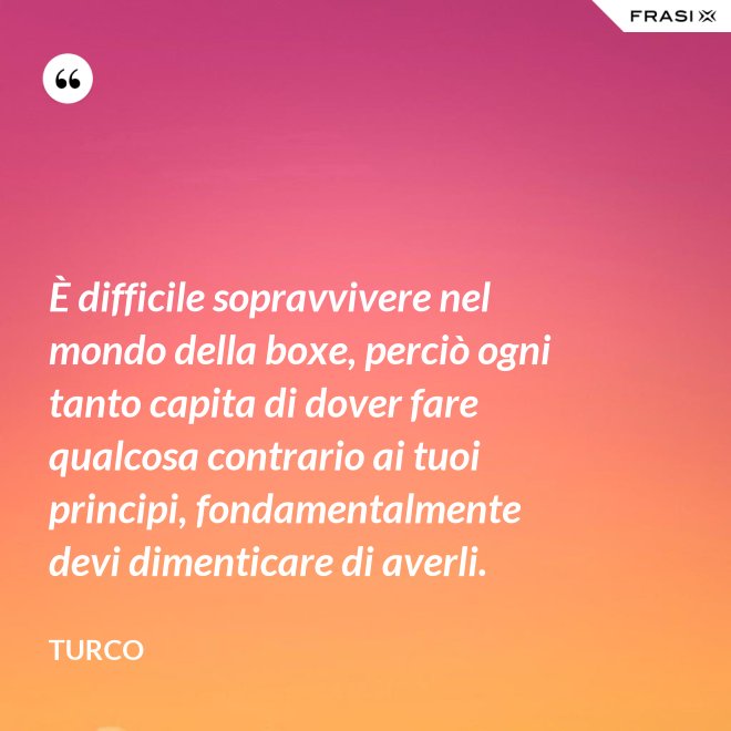 È difficile sopravvivere nel mondo della boxe, perciò ogni tanto capita di dover fare qualcosa contrario ai tuoi principi, fondamentalmente devi dimenticare di averli. - Turco