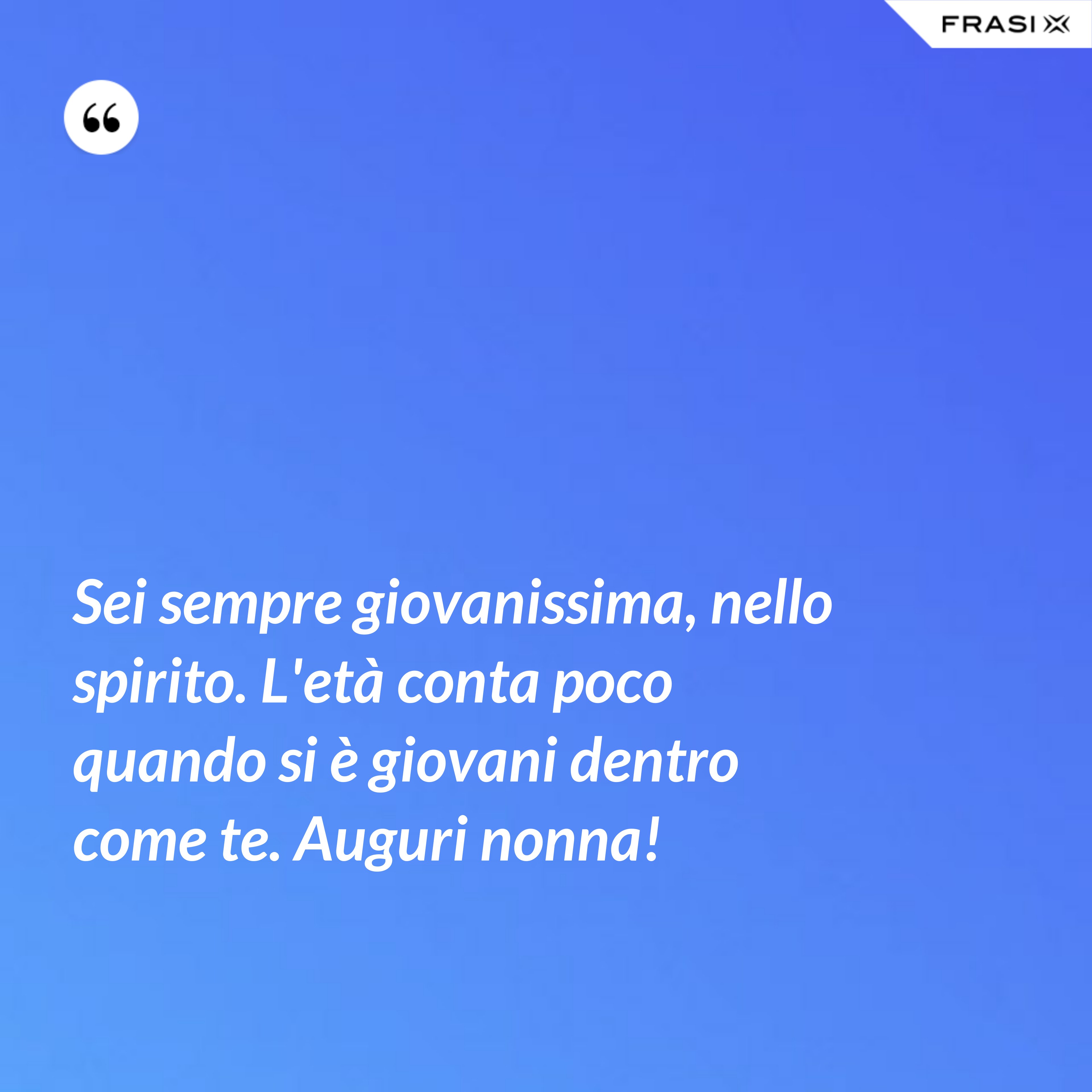 Sei sempre giovanissima, nello spirito. L'età conta poco quando si è giovani dentro come te. Auguri nonna! - Anonimo