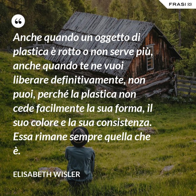 Anche quando un oggetto di plastica è rotto o non serve più, anche quando te ne vuoi liberare definitivamente, non puoi, perché la plastica non cede facilmente la sua forma, il suo colore e la sua consistenza. Essa rimane sempre quella che è. - Elisabeth Wisler