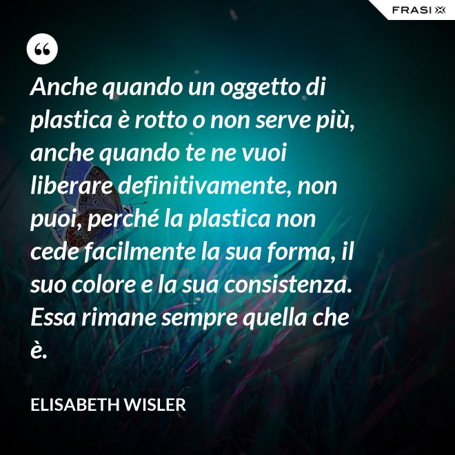 Anche quando un oggetto di plastica è rotto o non serve più, anche quando te ne vuoi liberare definitivamente, non puoi, perché la plastica non cede facilmente la sua forma, il suo colore e la sua consistenza. Essa rimane sempre quella che è. - Elisabeth Wisler