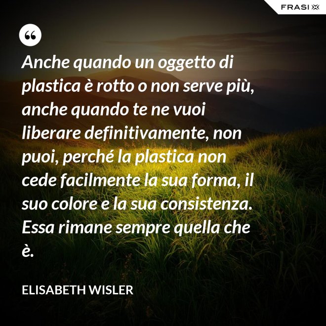 Anche quando un oggetto di plastica è rotto o non serve più, anche quando te ne vuoi liberare definitivamente, non puoi, perché la plastica non cede facilmente la sua forma, il suo colore e la sua consistenza. Essa rimane sempre quella che è. - Elisabeth Wisler