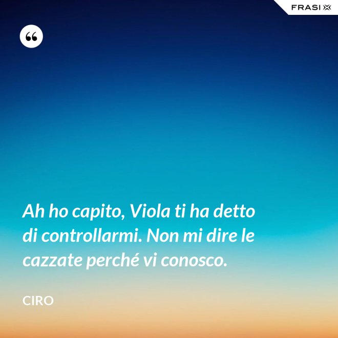 Ah ho capito, Viola ti ha detto di controllarmi. Non mi dire le cazzate perché vi conosco. - Ciro