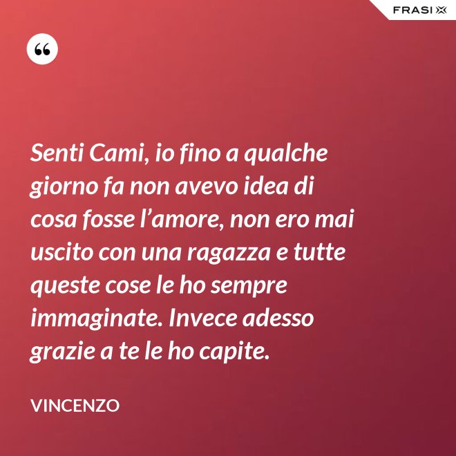 Senti Cami, io fino a qualche giorno fa non avevo idea di cosa fosse l’amore, non ero mai uscito con una ragazza e tutte queste cose le ho sempre immaginate. Invece adesso grazie a te le ho capite. - Vincenzo