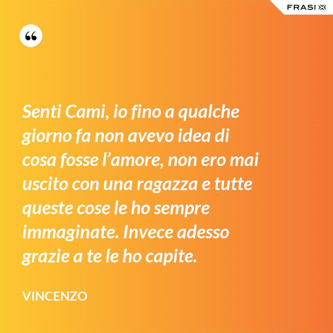Senti Cami, io fino a qualche giorno fa non avevo idea di cosa fosse l’amore, non ero mai uscito con una ragazza e tutte queste cose le ho sempre immaginate. Invece adesso grazie a te le ho capite. - Vincenzo