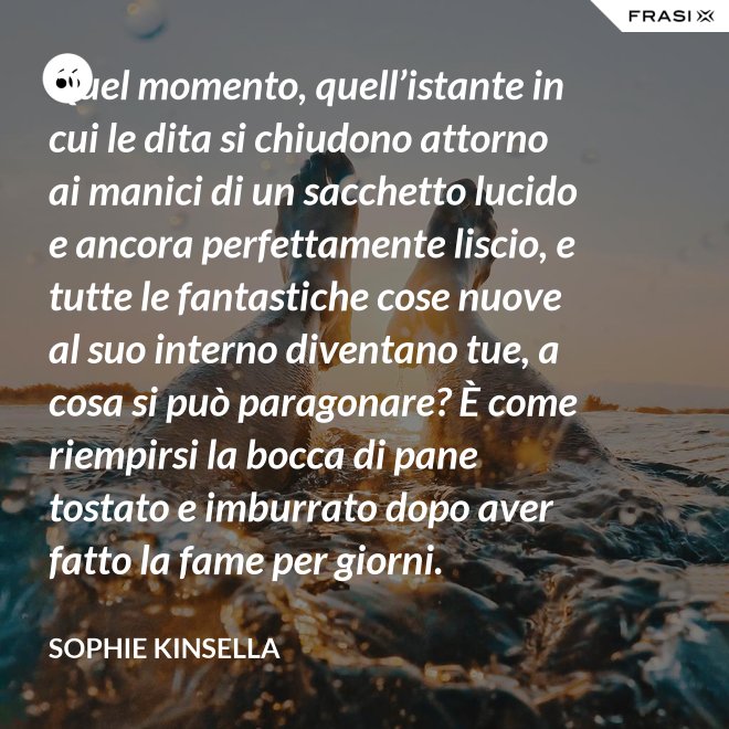 Quel momento, quell’istante in cui le dita si chiudono attorno ai manici di un sacchetto lucido e ancora perfettamente liscio, e tutte le fantastiche cose nuove al suo interno diventano tue, a cosa si può paragonare? È come riempirsi la bocca di pane tostato e imburrato dopo aver fatto la fame per giorni. - Sophie Kinsella
