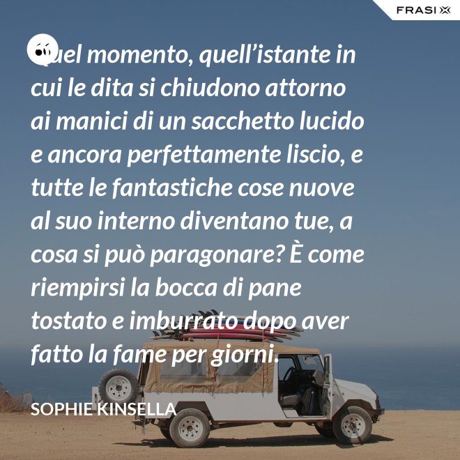 Quel momento, quell’istante in cui le dita si chiudono attorno ai manici di un sacchetto lucido e ancora perfettamente liscio, e tutte le fantastiche cose nuove al suo interno diventano tue, a cosa si può paragonare? È come riempirsi la bocca di pane tostato e imburrato dopo aver fatto la fame per giorni. - Sophie Kinsella