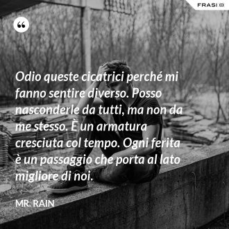 Odio queste cicatrici perché mi fanno sentire diverso. Posso nasconderle da tutti, ma non da me stesso. È un armatura cresciuta col tempo. Ogni ferita è un passaggio che porta al lato migliore di noi. - Mr. Rain