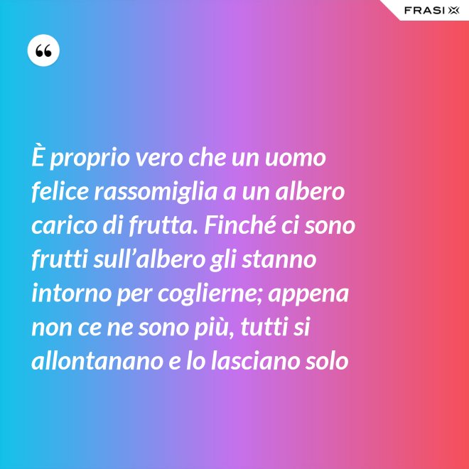 È proprio vero che un uomo felice rassomiglia a un albero carico di frutta. Finché ci sono frutti sull’albero gli stanno intorno per coglierne; appena non ce ne sono più, tutti si allontanano e lo lasciano solo - Anonimo