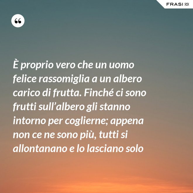 È proprio vero che un uomo felice rassomiglia a un albero carico di frutta. Finché ci sono frutti sull’albero gli stanno intorno per coglierne; appena non ce ne sono più, tutti si allontanano e lo lasciano solo - Anonimo