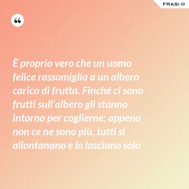 È proprio vero che un uomo felice rassomiglia a un albero carico di frutta. Finché ci sono frutti sull’albero gli stanno intorno per coglierne; appena non ce ne sono più, tutti si allontanano e lo lasciano solo - Anonimo