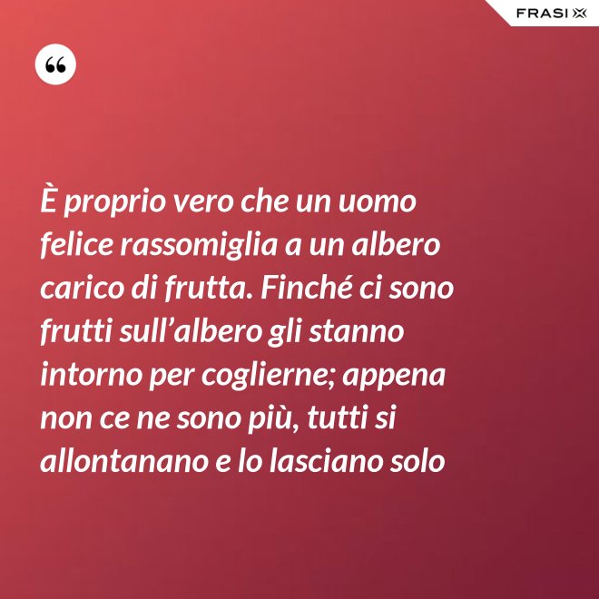 È proprio vero che un uomo felice rassomiglia a un albero carico di frutta. Finché ci sono frutti sull’albero gli stanno intorno per coglierne; appena non ce ne sono più, tutti si allontanano e lo lasciano solo - Anonimo