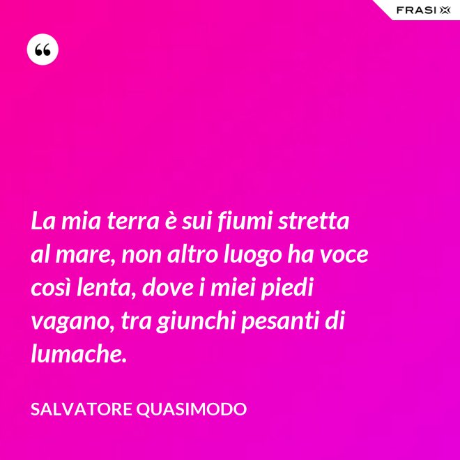 La mia terra è sui fiumi stretta al mare, non altro luogo ha voce così lenta, dove i miei piedi vagano, tra giunchi pesanti di lumache. - Salvatore Quasimodo