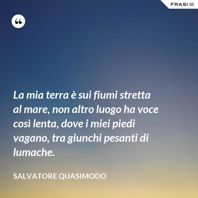 La mia terra è sui fiumi stretta al mare, non altro luogo ha voce così lenta, dove i miei piedi vagano, tra giunchi pesanti di lumache. - Salvatore Quasimodo