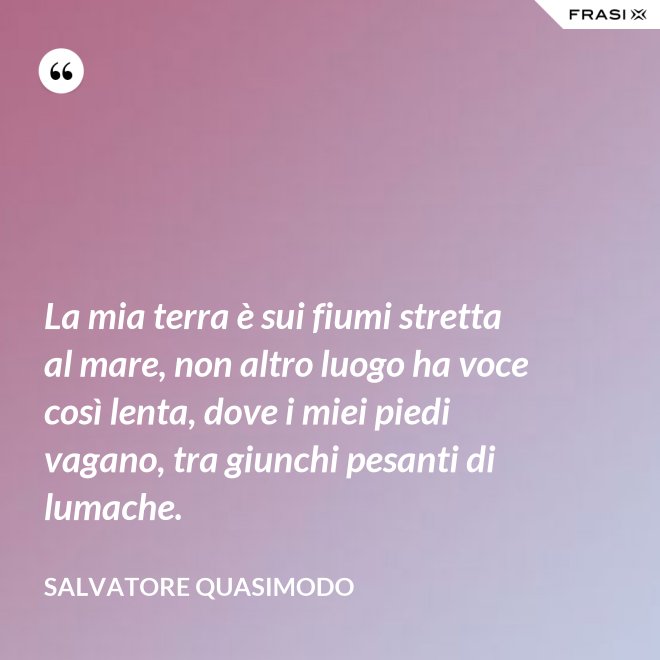La mia terra è sui fiumi stretta al mare, non altro luogo ha voce così lenta, dove i miei piedi vagano, tra giunchi pesanti di lumache. - Salvatore Quasimodo