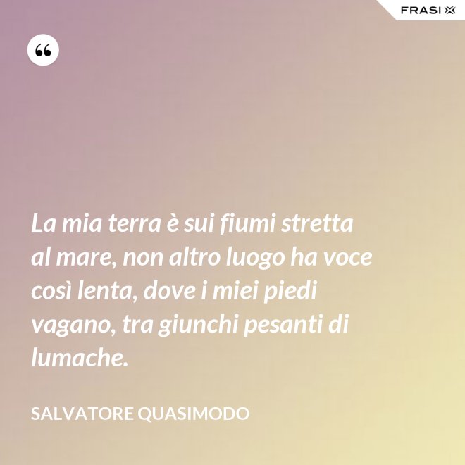 La mia terra è sui fiumi stretta al mare, non altro luogo ha voce così lenta, dove i miei piedi vagano, tra giunchi pesanti di lumache. - Salvatore Quasimodo