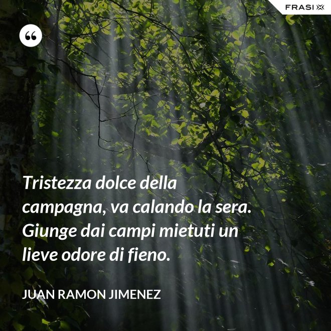 Tristezza dolce della campagna, va calando la sera. Giunge dai campi mietuti un lieve odore di fieno. - Juan Ramon Jimenez