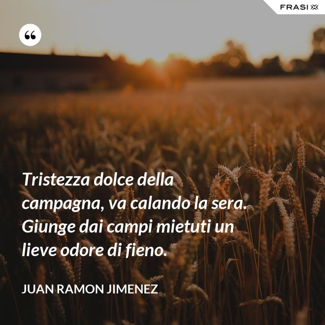 Tristezza dolce della campagna, va calando la sera. Giunge dai campi mietuti un lieve odore di fieno. - Juan Ramon Jimenez