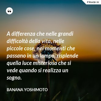 A differenza che nelle grandi difficoltà della vita, nelle piccole cose, nei momenti che passano in un lampo, risplende quella luce misteriosa che si vede quando si realizza un sogno. - Banana Yoshimoto