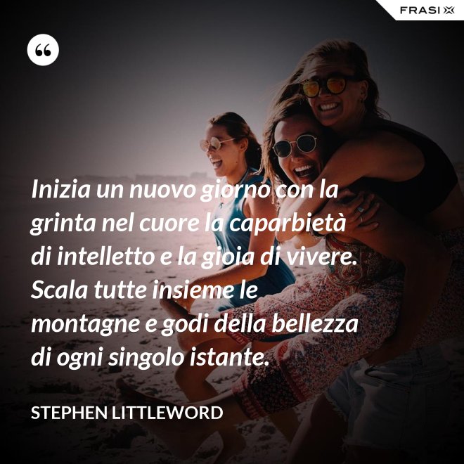 Inizia un nuovo giorno con la grinta nel cuore la caparbietà di intelletto e la gioia di vivere. Scala tutte insieme le montagne e godi della bellezza di ogni singolo istante. - Stephen Littleword