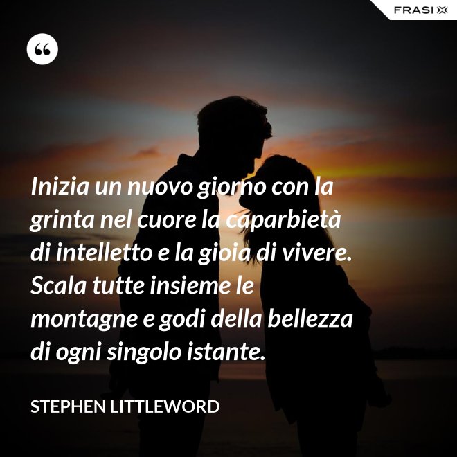 Inizia un nuovo giorno con la grinta nel cuore la caparbietà di intelletto e la gioia di vivere. Scala tutte insieme le montagne e godi della bellezza di ogni singolo istante. - Stephen Littleword