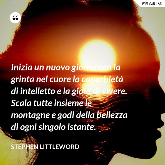 Inizia un nuovo giorno con la grinta nel cuore la caparbietà di intelletto e la gioia di vivere. Scala tutte insieme le montagne e godi della bellezza di ogni singolo istante. - Stephen Littleword