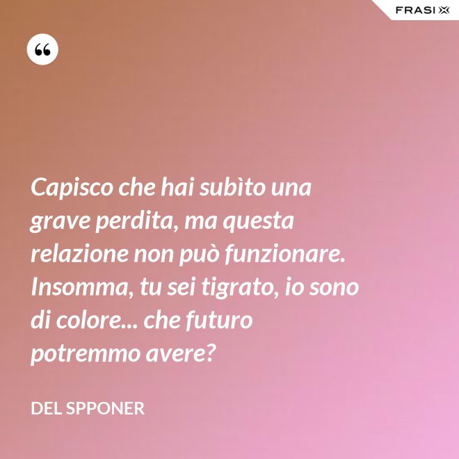Capisco che hai subìto una grave perdita, ma questa relazione non può funzionare. Insomma, tu sei tigrato, io sono di colore... che futuro potremmo avere? - Del Spponer