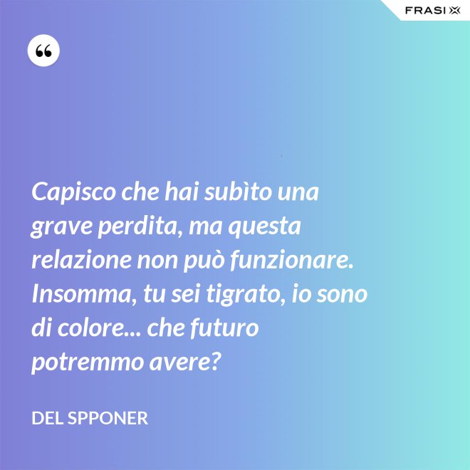 Capisco che hai subìto una grave perdita, ma questa relazione non può funzionare. Insomma, tu sei tigrato, io sono di colore... che futuro potremmo avere? - Del Spponer