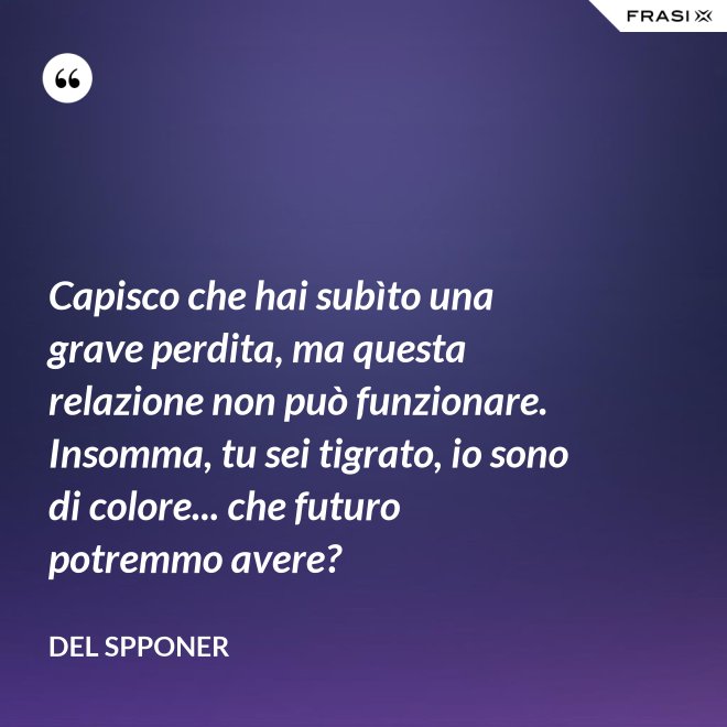 Capisco che hai subìto una grave perdita, ma questa relazione non può funzionare. Insomma, tu sei tigrato, io sono di colore... che futuro potremmo avere? - Del Spponer
