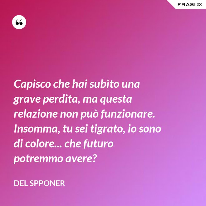 Capisco che hai subìto una grave perdita, ma questa relazione non può funzionare. Insomma, tu sei tigrato, io sono di colore... che futuro potremmo avere? - Del Spponer