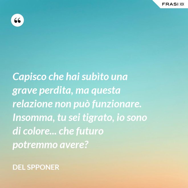 Capisco che hai subìto una grave perdita, ma questa relazione non può funzionare. Insomma, tu sei tigrato, io sono di colore... che futuro potremmo avere? - Del Spponer