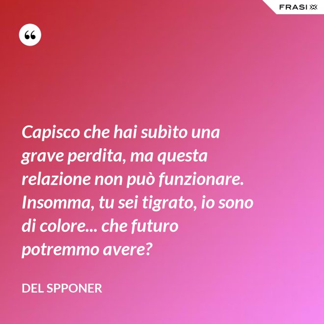 Capisco che hai subìto una grave perdita, ma questa relazione non può funzionare. Insomma, tu sei tigrato, io sono di colore... che futuro potremmo avere? - Del Spponer