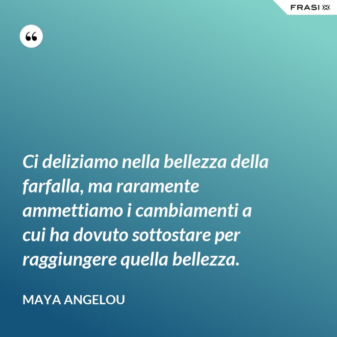 Ci deliziamo nella bellezza della farfalla, ma raramente ammettiamo i cambiamenti a cui ha dovuto sottostare per raggiungere quella bellezza. - Maya Angelou