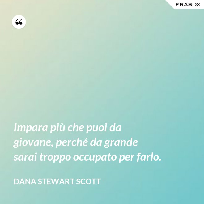 Impara più che puoi da giovane, perché da grande sarai troppo occupato per farlo. - Dana Stewart Scott