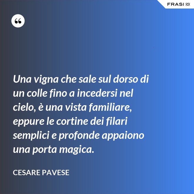 Una vigna che sale sul dorso di un colle fino a incedersi nel cielo, è una vista familiare, eppure le cortine dei filari semplici e profonde appaiono una porta magica. - Cesare Pavese