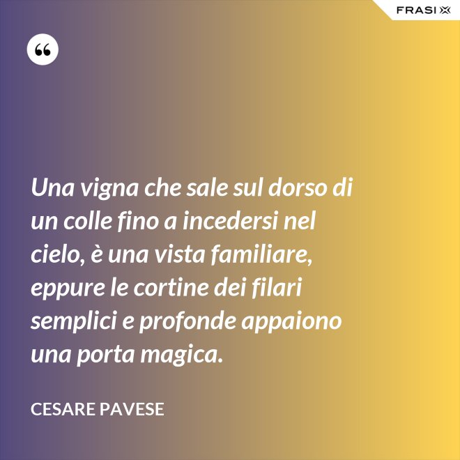 Una vigna che sale sul dorso di un colle fino a incedersi nel cielo, è una vista familiare, eppure le cortine dei filari semplici e profonde appaiono una porta magica. - Cesare Pavese