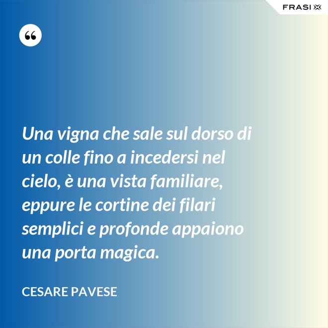 Una vigna che sale sul dorso di un colle fino a incedersi nel cielo, è una vista familiare, eppure le cortine dei filari semplici e profonde appaiono una porta magica. - Cesare Pavese
