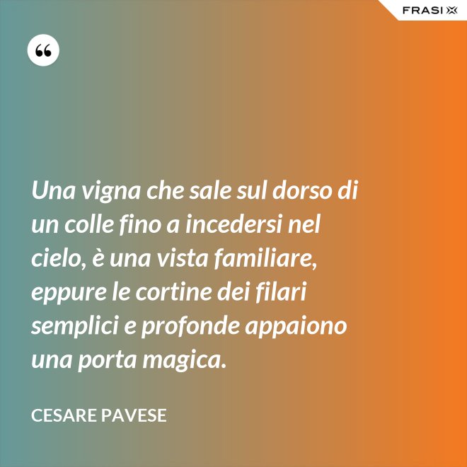 Una vigna che sale sul dorso di un colle fino a incedersi nel cielo, è una vista familiare, eppure le cortine dei filari semplici e profonde appaiono una porta magica. - Cesare Pavese