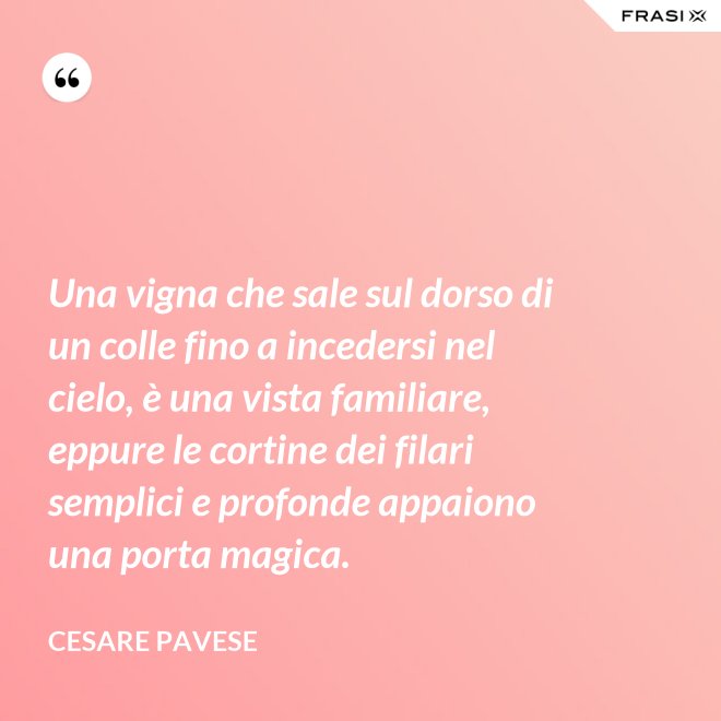 Una vigna che sale sul dorso di un colle fino a incedersi nel cielo, è una vista familiare, eppure le cortine dei filari semplici e profonde appaiono una porta magica. - Cesare Pavese